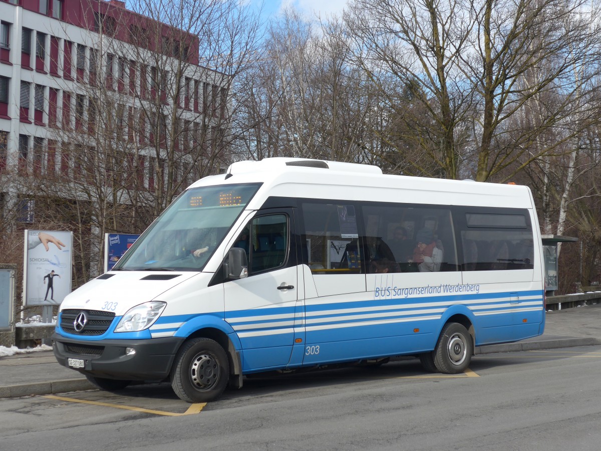 (158'701) - BSW Sargans - Nr. 303/SG 327'080 - Mercedes am 14. Februar 2015 beim Bahnhof Buchs (Einsatz RTB)