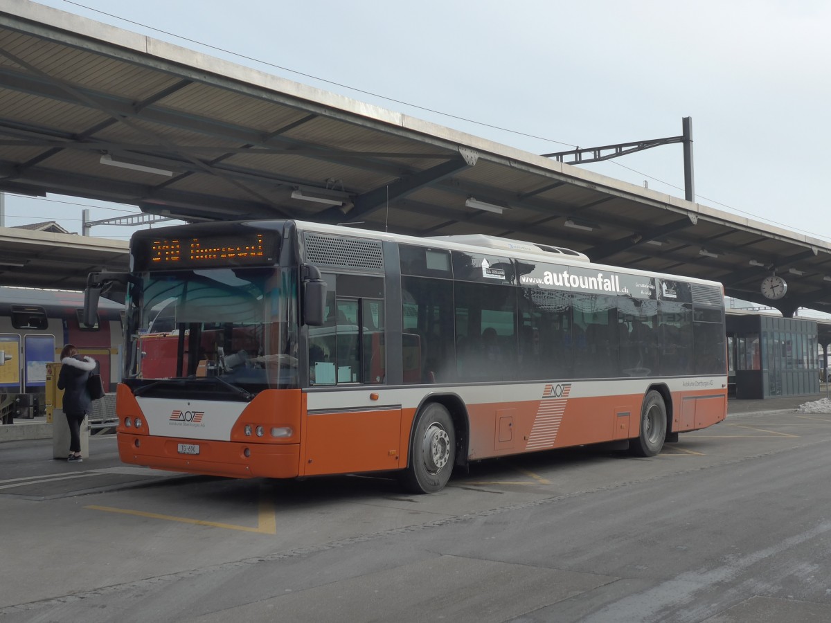 (158'745) - AOT Amriswil - Nr. 1/TG 690 - Neoplan (ex Vorfhrfahrzeug) am 14. Februar 2015 beim Bahnhof Romanshorn