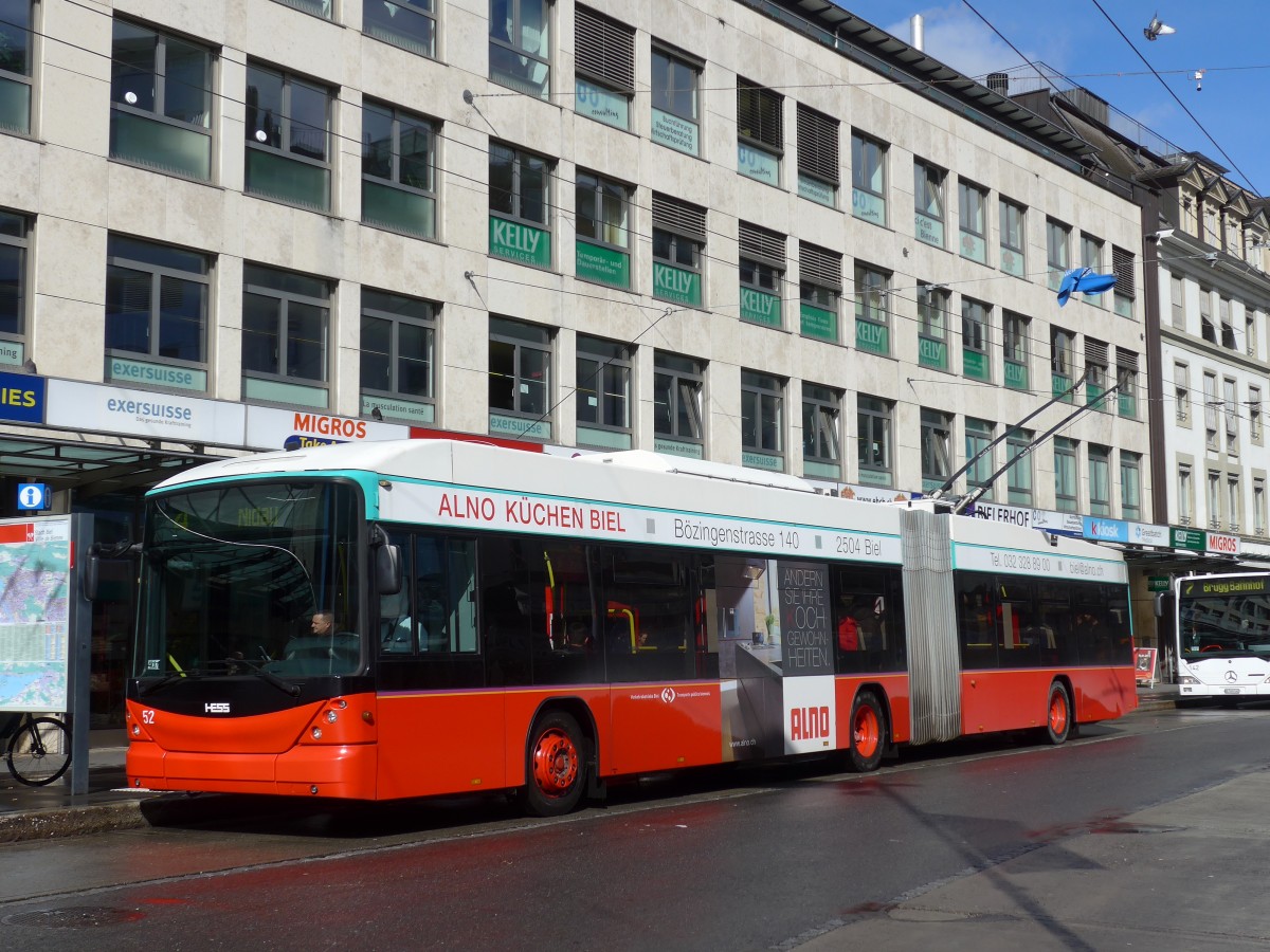 (158'979) - VB Biel - Nr. 52 - Hess/Hess Gelenktrolleybus am 2. Mrz 2015 in Biel, Guisanplatz