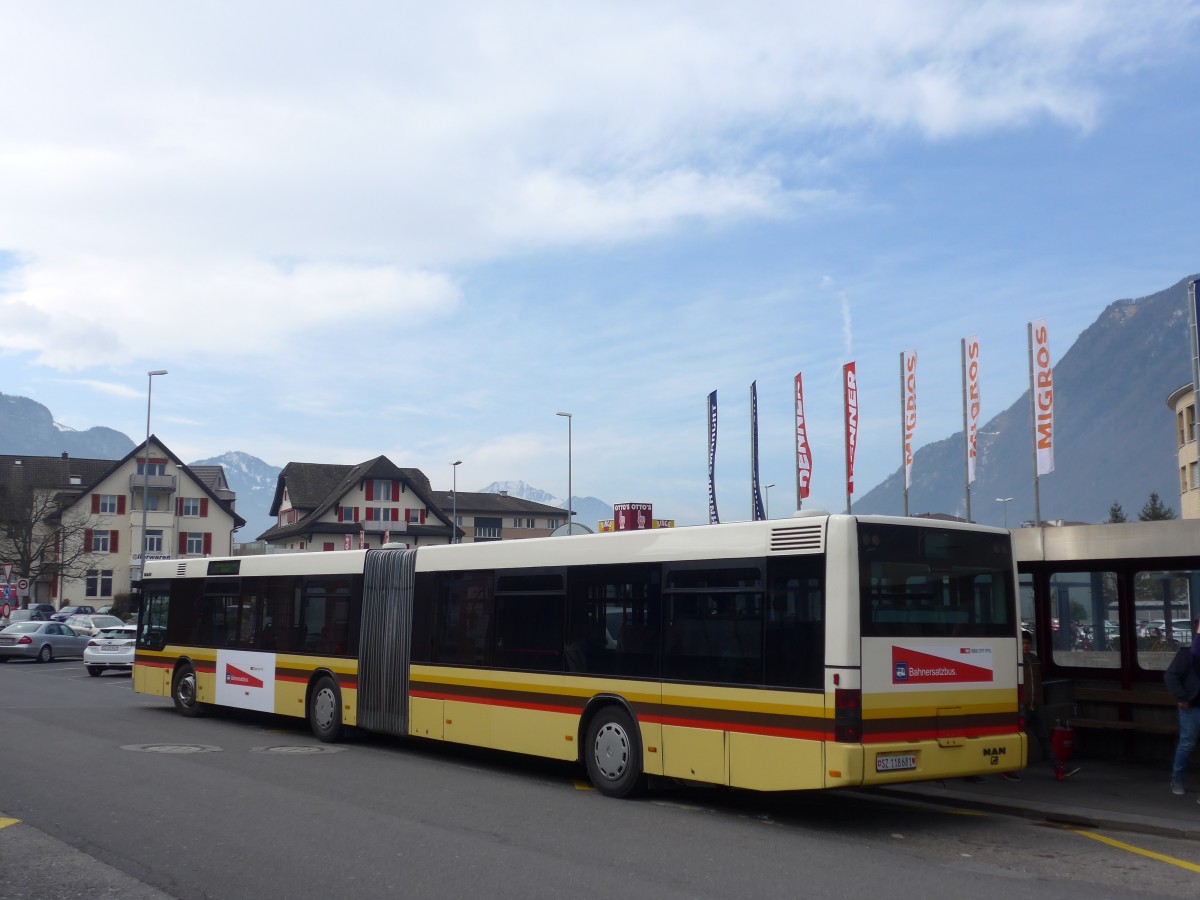 (159'231) - AAGS Schwyz - Nr. 81/SZ 118'681 - MAN (ex STI Thun Nr. 90) am 17. Mrz 2015 beim Bahnhof Brunnen
