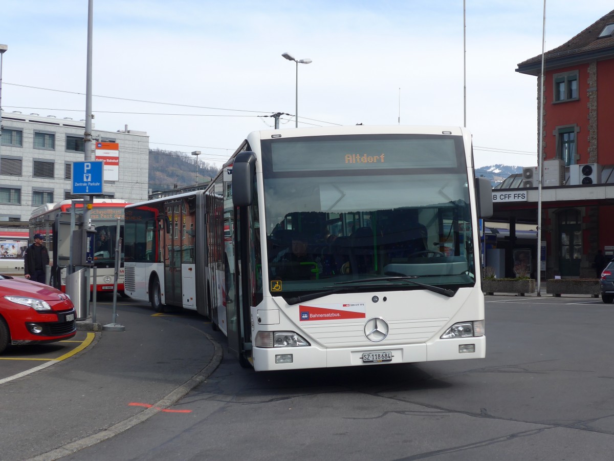 (159'255) - AAGS Schwyz - Nr. 84/SZ 118'684 - Mercedes (ex VR La Chaux-de-Fonds Nr. 228) am 17. Mrz 2015 beim Bahnhof Arth-Goldau