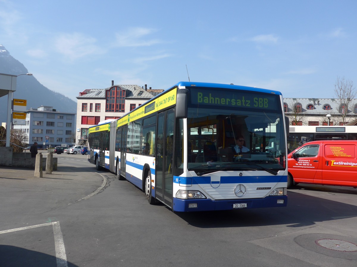 (159'349) - ZVB Zug - Nr. 16/ZG 3366 - Mercedes am 18. Mrz 2015 beim Bahnhof Arth-Goldau