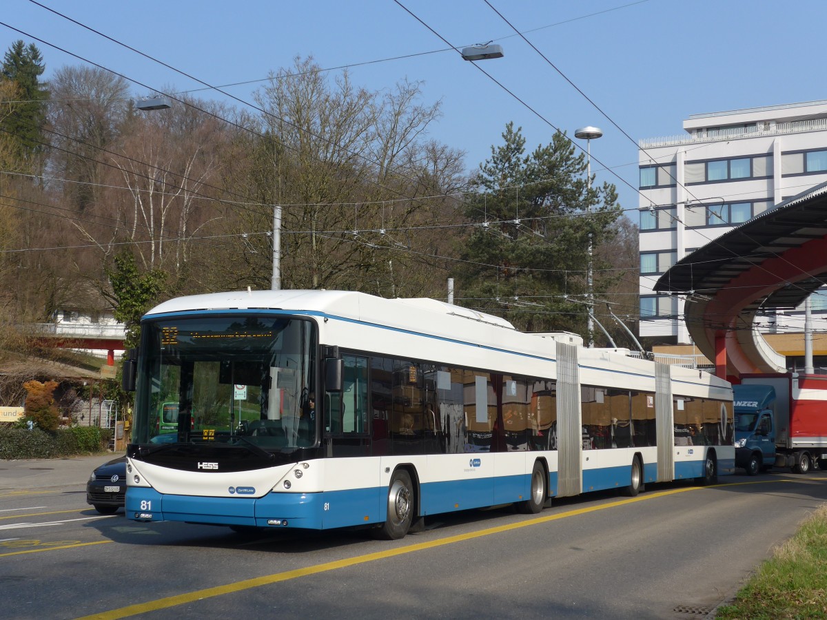 (159'364) - VBZ Zrich - Nr. 81 - Hess/Hess Doppelgelenktrolleybus am 19. Mrz 2015 in Zrich, Bucheggplatz