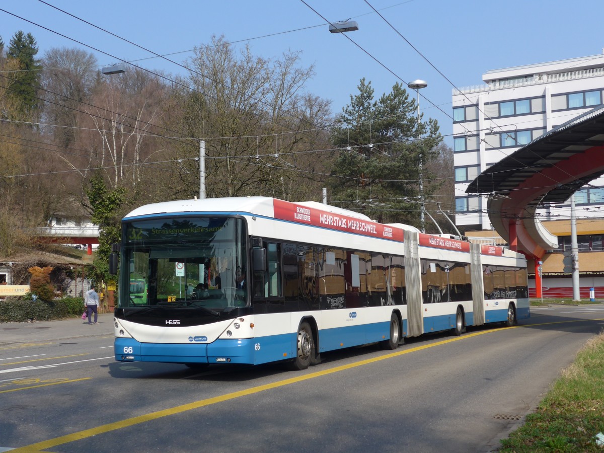 (159'377) - VBZ Zrich - Nr. 66 - Hess/Hess Doppelgelenktrolleybus am 19. Mrz 2015 in Zrich, Buchegg