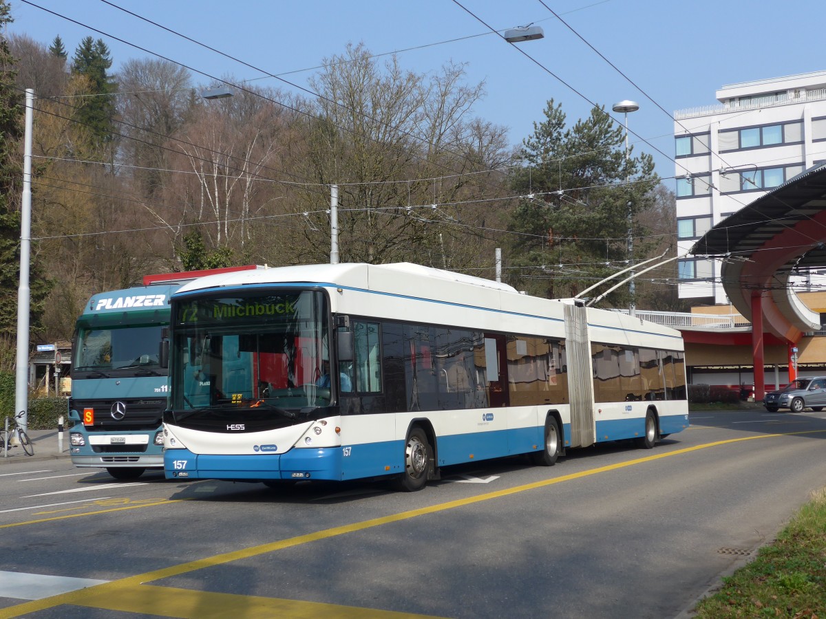 (159'398) - VBZ Zrich - Nr. 157 - Hess/Hess Gelenktrolleybus am 19. Mrz 2015 in Zrich, Bucheggplatz