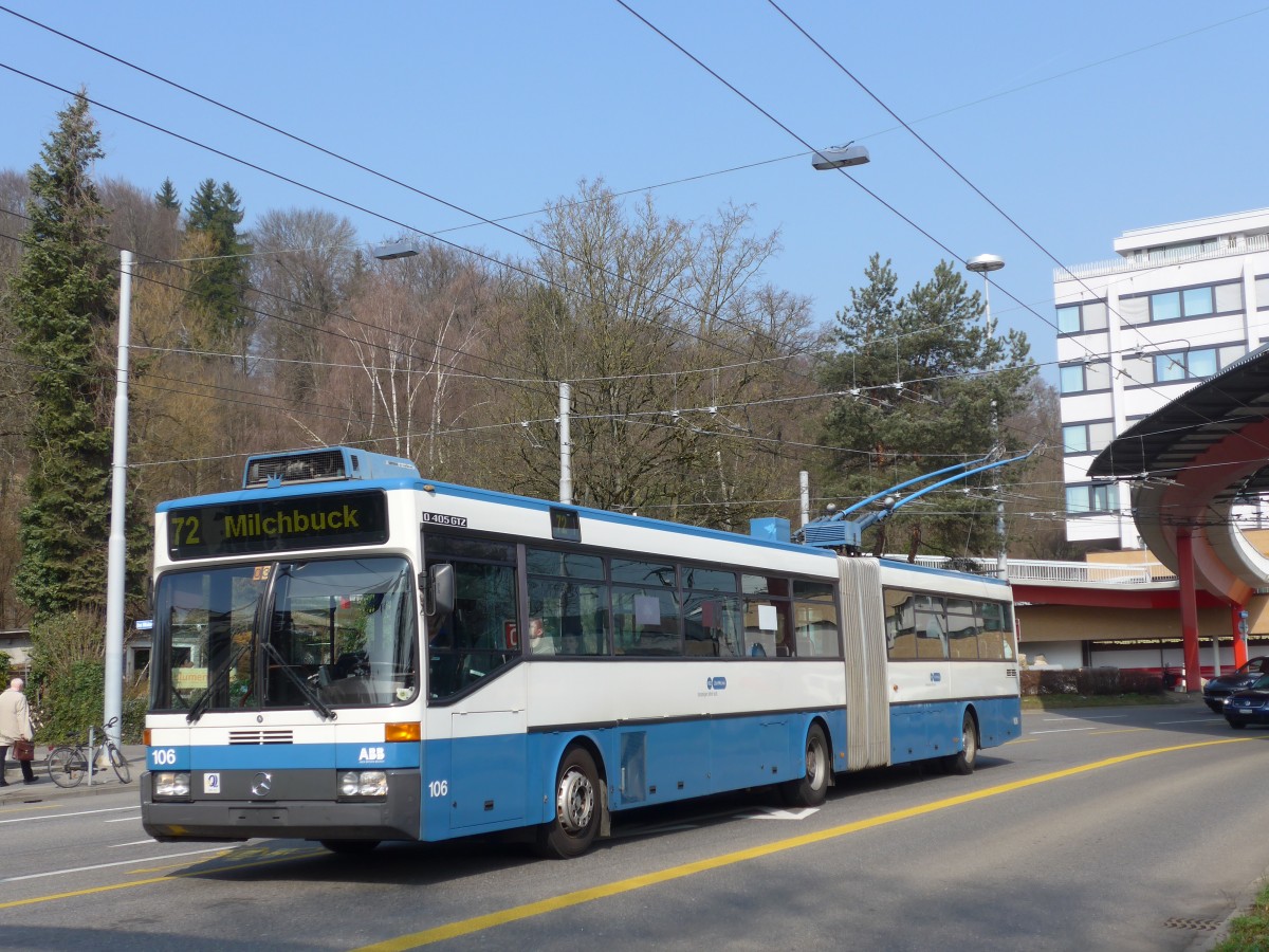 (159'408) - VBZ Zrich - Nr. 106 - Mercedes Gelenktrolleybus am 19. Mrz 2015 in Zrich, Bucheggplatz