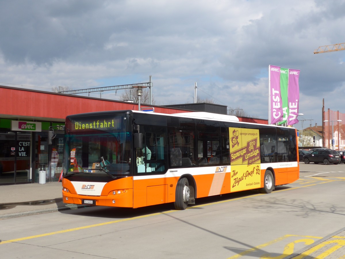 (159'479) - AOT Amriswil - Nr. 8/TG 64'058 - Neoplan am 27. Mrz 2015 beim Bahnhof Amriswil