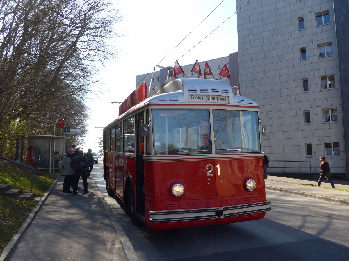 (159'485) - VB Biel - Nr. 21 - Berna/Hess Trolleybus am 28. Mrz 2015 in Biel, Vorhlzli