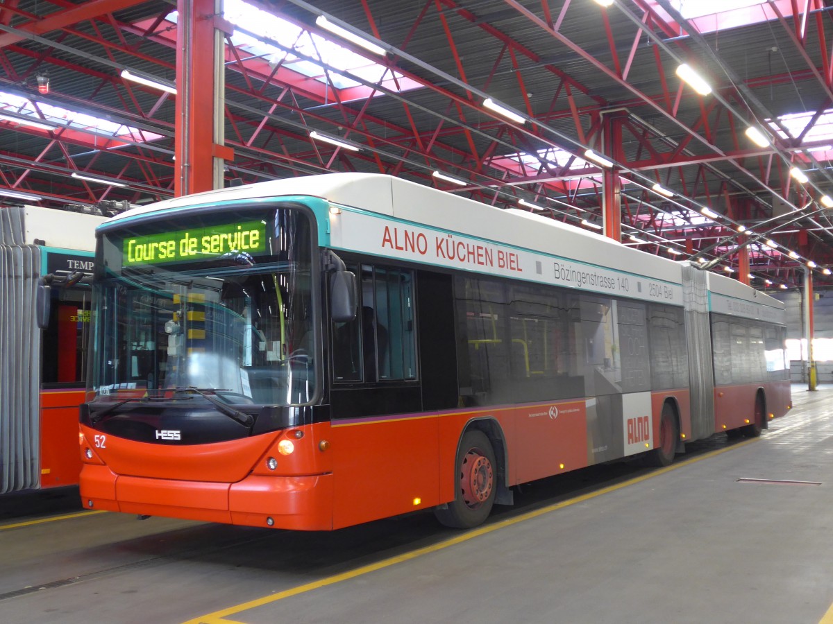 (159'510) - VB Biel - Nr. 52 - Hess/Hess Gelenktrolleybus am 28. Mrz 2015 in Biel, Depot