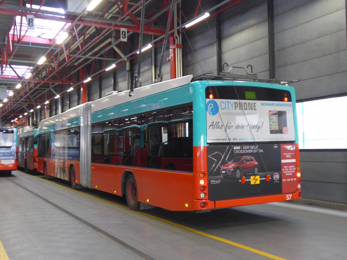 (159'511) - VB Biel - Nr. 57 - Hess/Hess Gelenktrolleybus am 28. Mrz 2015 in Biel, Depot