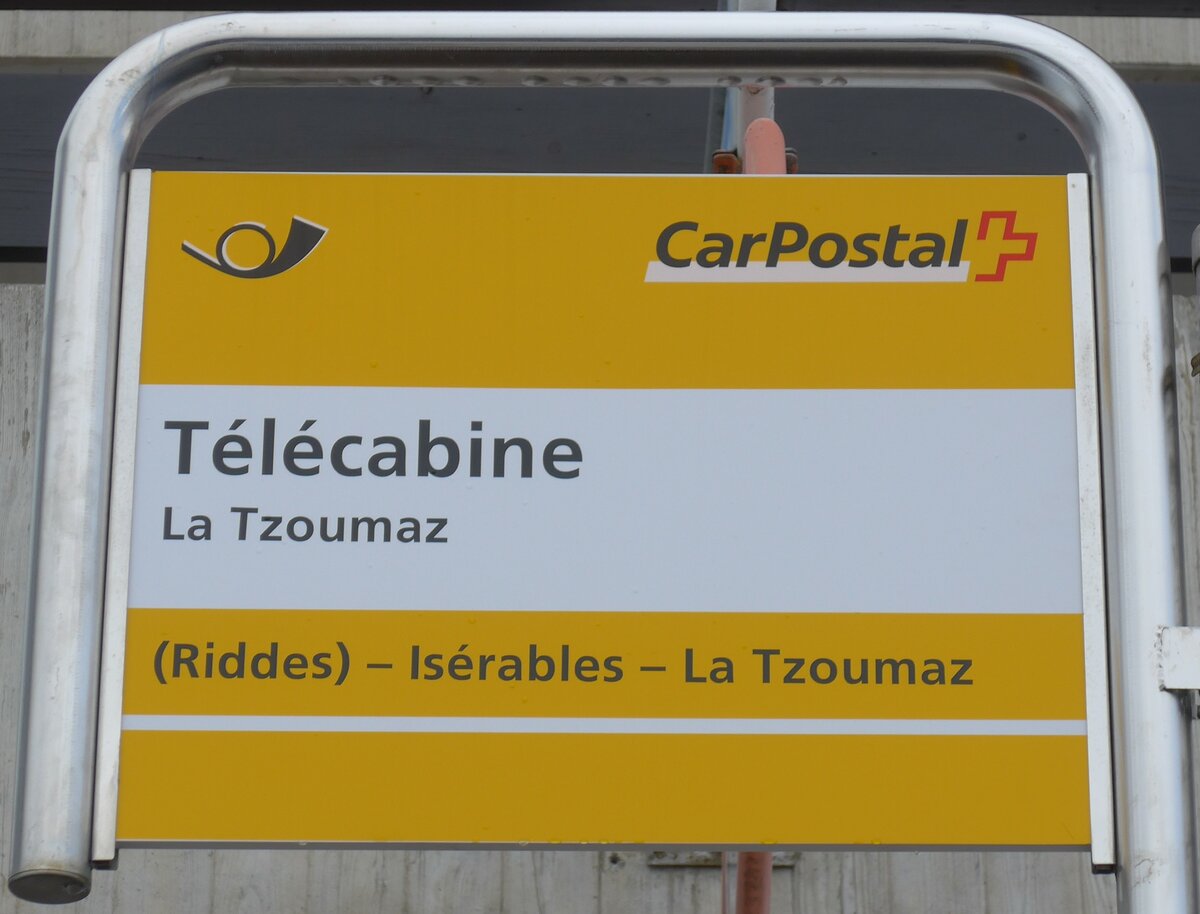 (159'628) - PostAuto-Haltestellenschild - La Tzoumaz, Tlcabine - am 5. April 2015