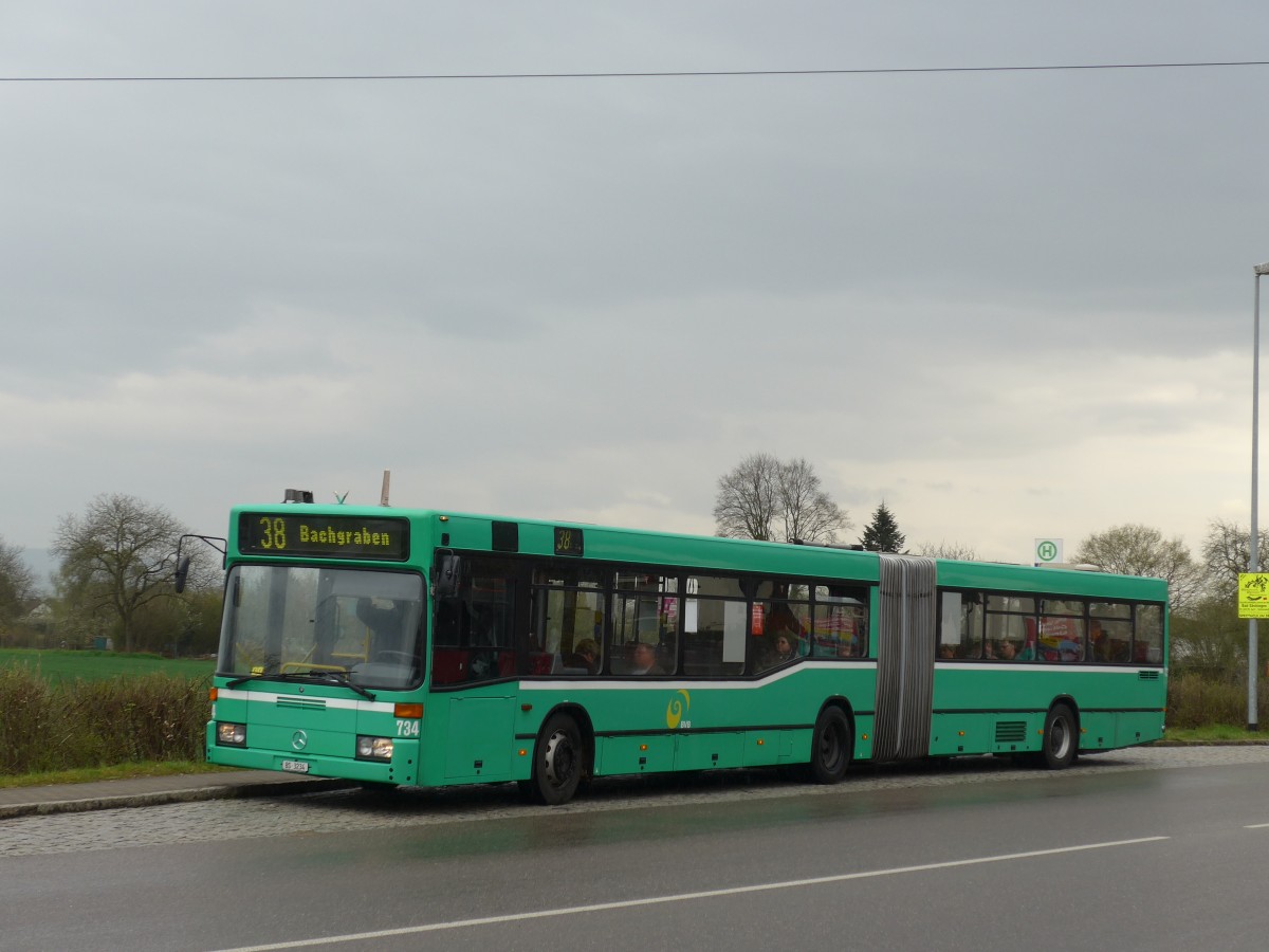 (159'803) - Aus der Schweiz: BVB Basel - Nr. 734/BS 3234 - Mercedes (ex VAG Freiburg/D Nr. 933) am 11. April 2015 in Grenzach-Wyhlen, Siedlung