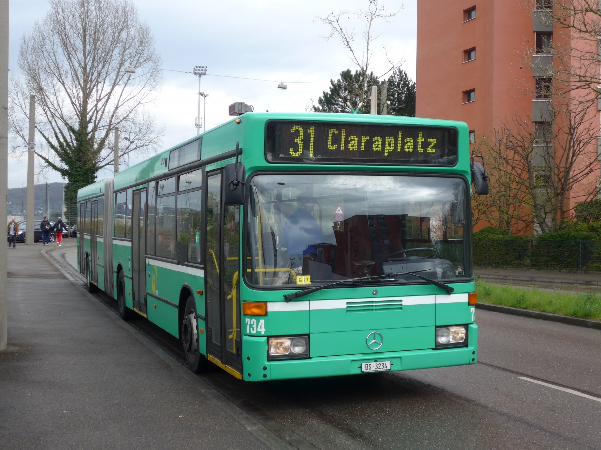 (159'815) - BVB Basel - Nr. 734/BS 3234 - Mercedes (ex VAG Freiburg/D Nr. 933) am 11. April 2015 in Basel, Rankstrasse