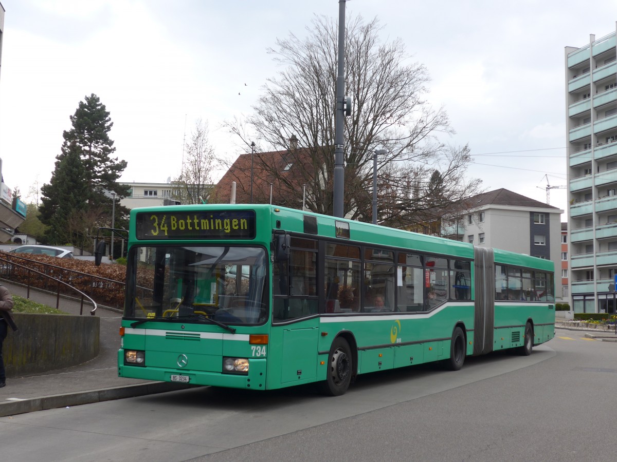 (159'835) - BVB Basel - Nr. 734/BS 3234 - Mercedes (ex VAG Freiburg/D Nr. 933) am 11. April 2015 in Binningen, Kronenplatz