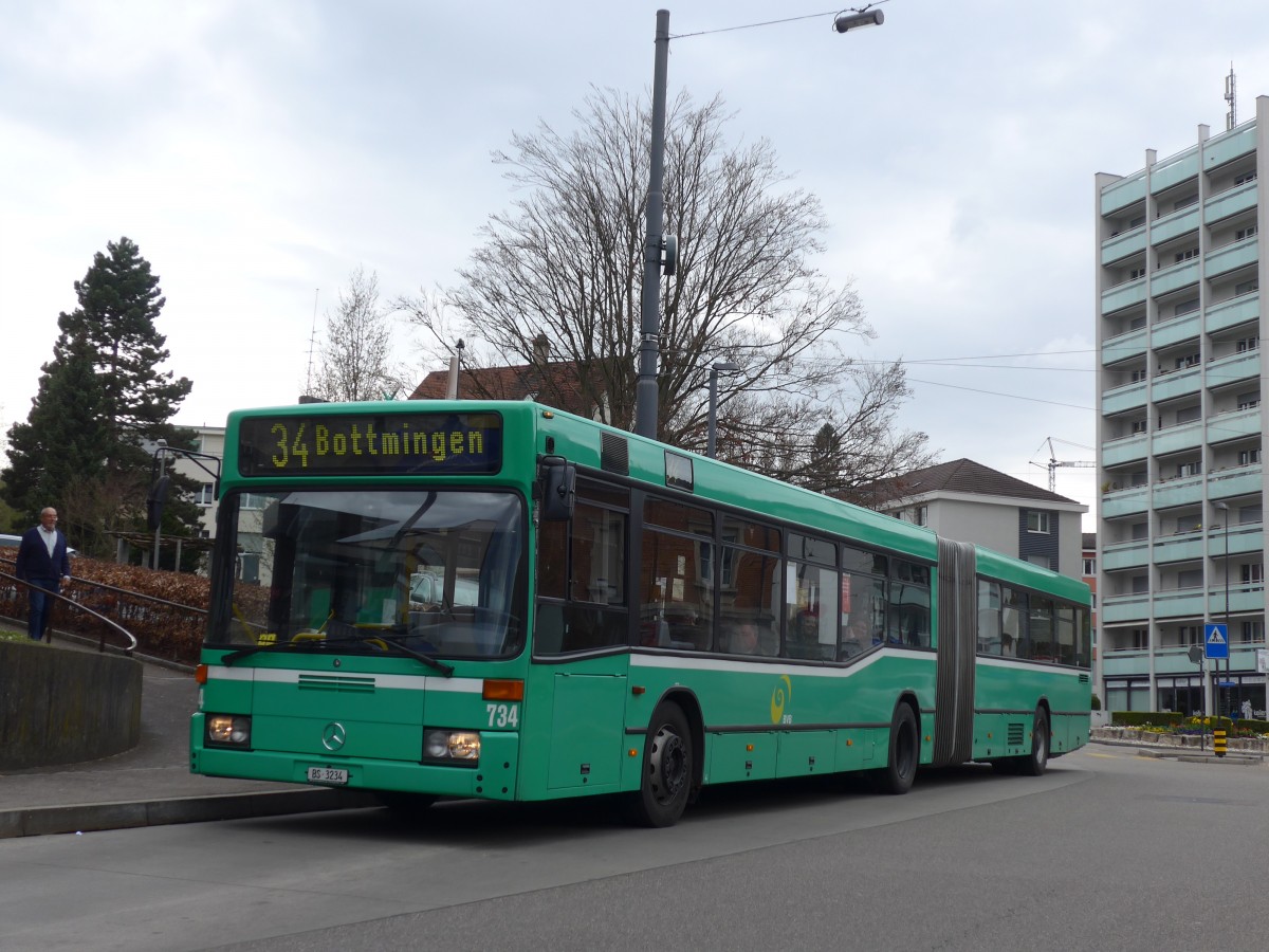 (159'836) - BVB Basel - Nr. 734/BS 3234 - Mercedes (ex VAG Freiburg/D Nr. 933) am 11. April 2015 in Binningen, Kronenplatz