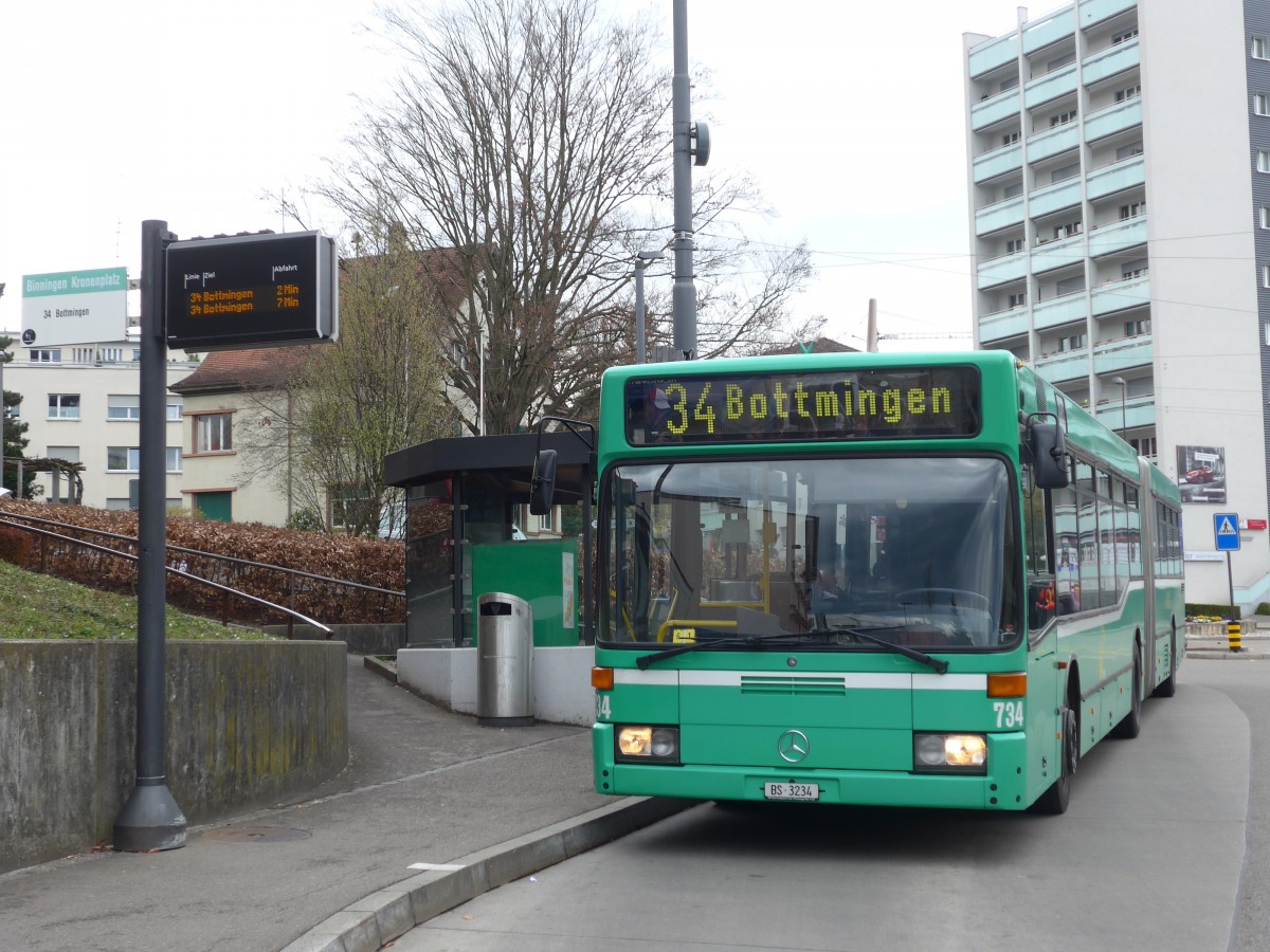 (159'839) - BVB Basel - Nr. 734/BS 3234 - Mercedes (ex VAG Freiburg/D Nr. 933) am 11. April 2015 in Binningen, Kronenplatz