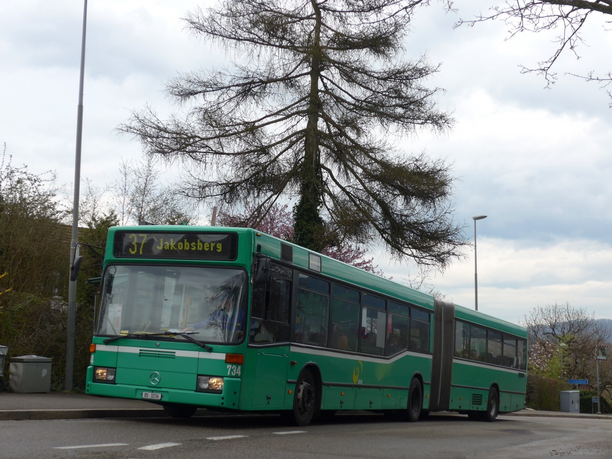 (159'846) - BVB Basel - Nr. 734/BS 3234 - Mercedes (ex VAG Freiburg/D Nr. 933) am 11. April 2015 in Gempen, Gempenfluh