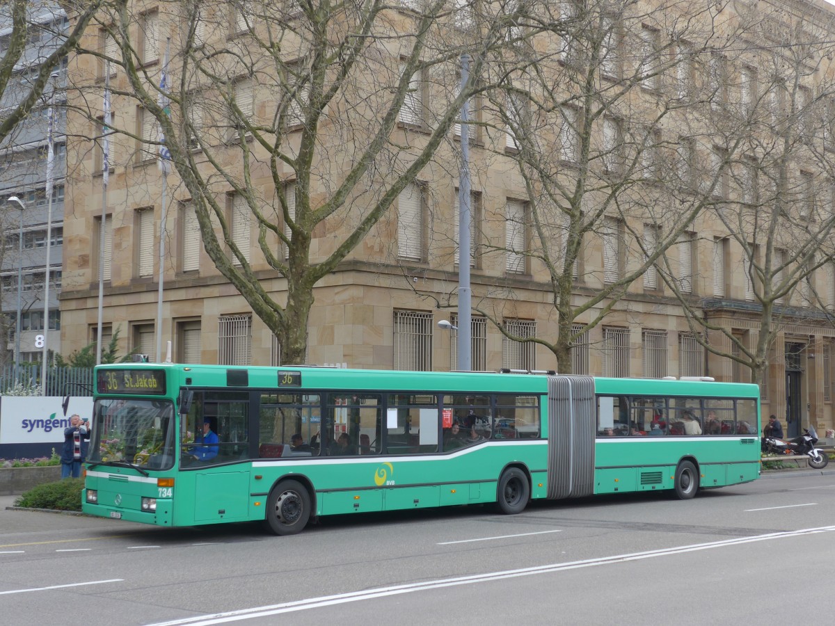 (159'852) - BVB Basel - Nr. 734/BS 3234 - Mercedes (ex VAG Freiburg/D Nr. 933) am 11. April 2015 in Basel, Badischer Bahnhof