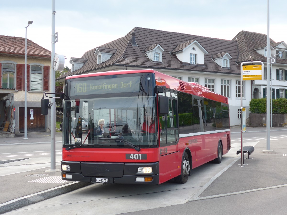 (161'436) - Bernmobil, Bern - Nr. 401/BE 612'401 - MAN/Gppel am 30. Mai 2015 beim Bahnhof Mnsingen