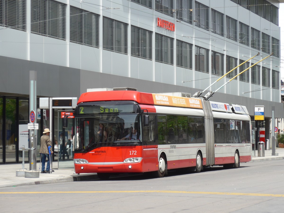 (161'606) - SW Winterthur - Nr. 172 - Solaris Gelenktrolleybus am 31. Mai 2015 in Winterthur, Museumstrasse/HB
