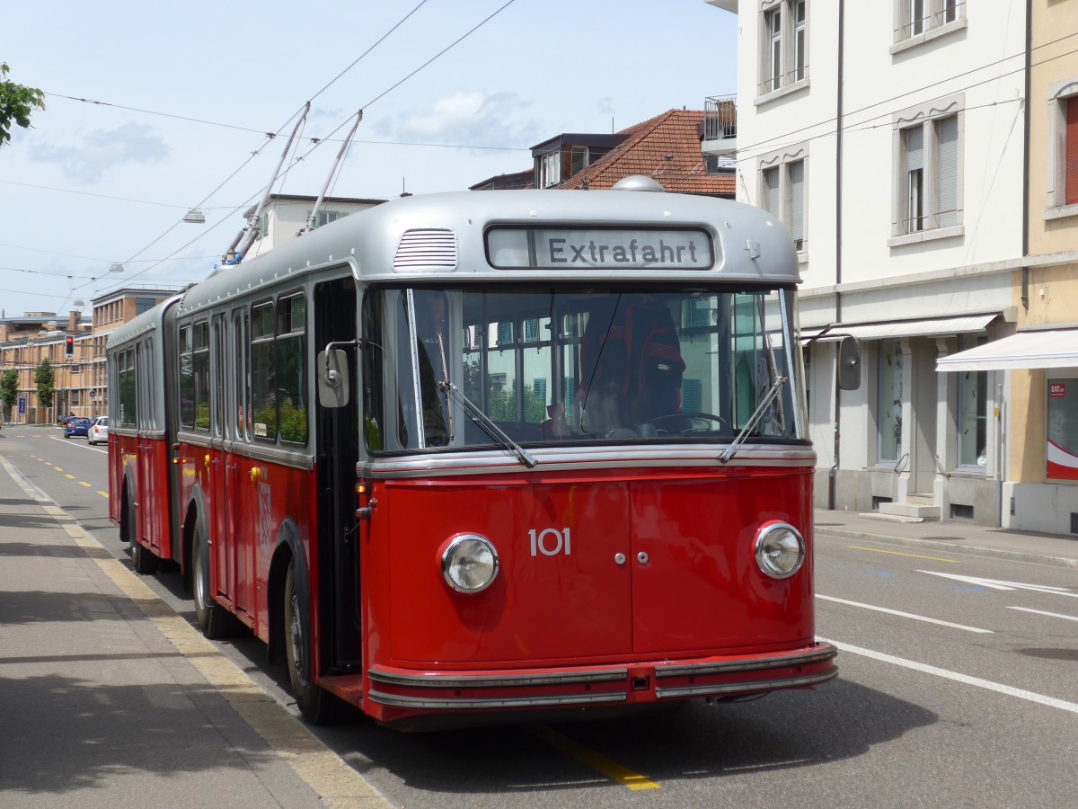 (161'628) - VW Winterthur - Nr. 101 - FBW/SWS Gelenktrolleybus am 31. Mai 2015 in Winterthur, Depot