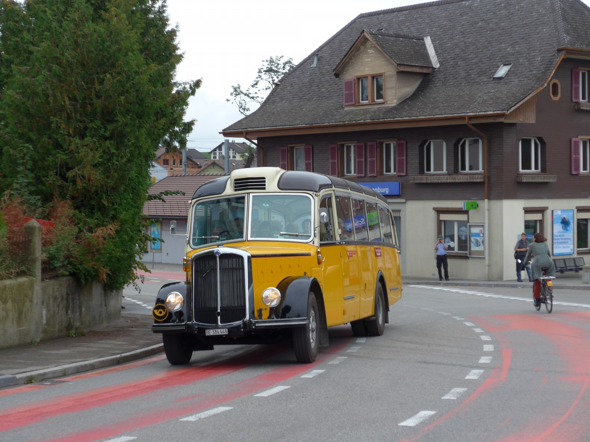(164'668) - Museum fr Kommunikation, Bern - BE 384'448 - Saurer/Eggli (ex P 23'135) am 13. September 2015 beim Bahnhof Schwarzenburg