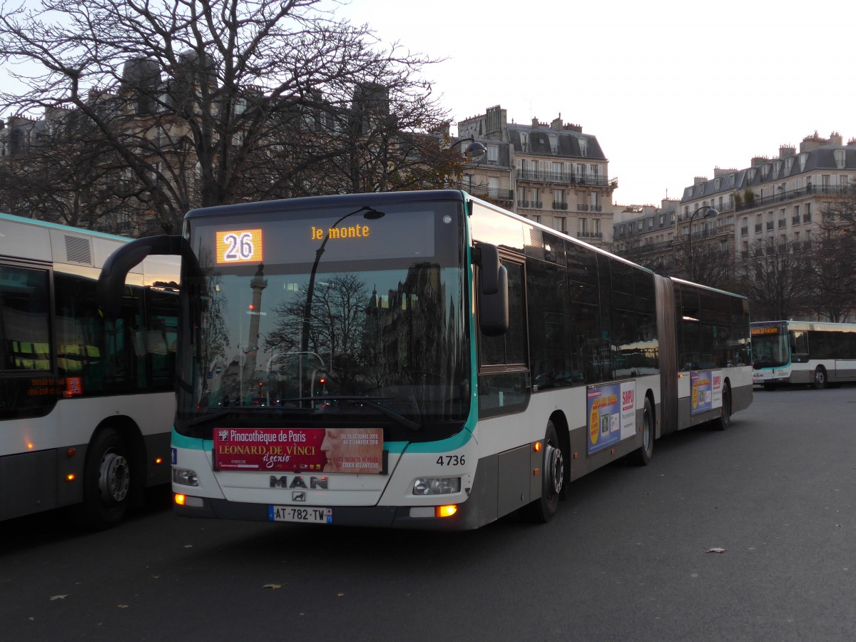 (166'748) - RATP Paris - Nr. 4736/AT 782 TW - MAN am 15. November 2015 in Paris, Nation