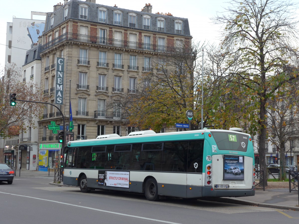 (166'764) - RATP Paris - Nr. 9494/AV 033 GY - Scania am 16. November 2015 in Paris, Nation