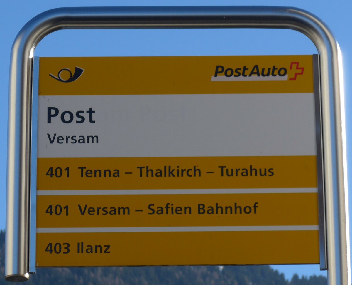 (167'653) - PostAuto-Haltestellenschild - Versam, Post - am 5. Dezember 2015