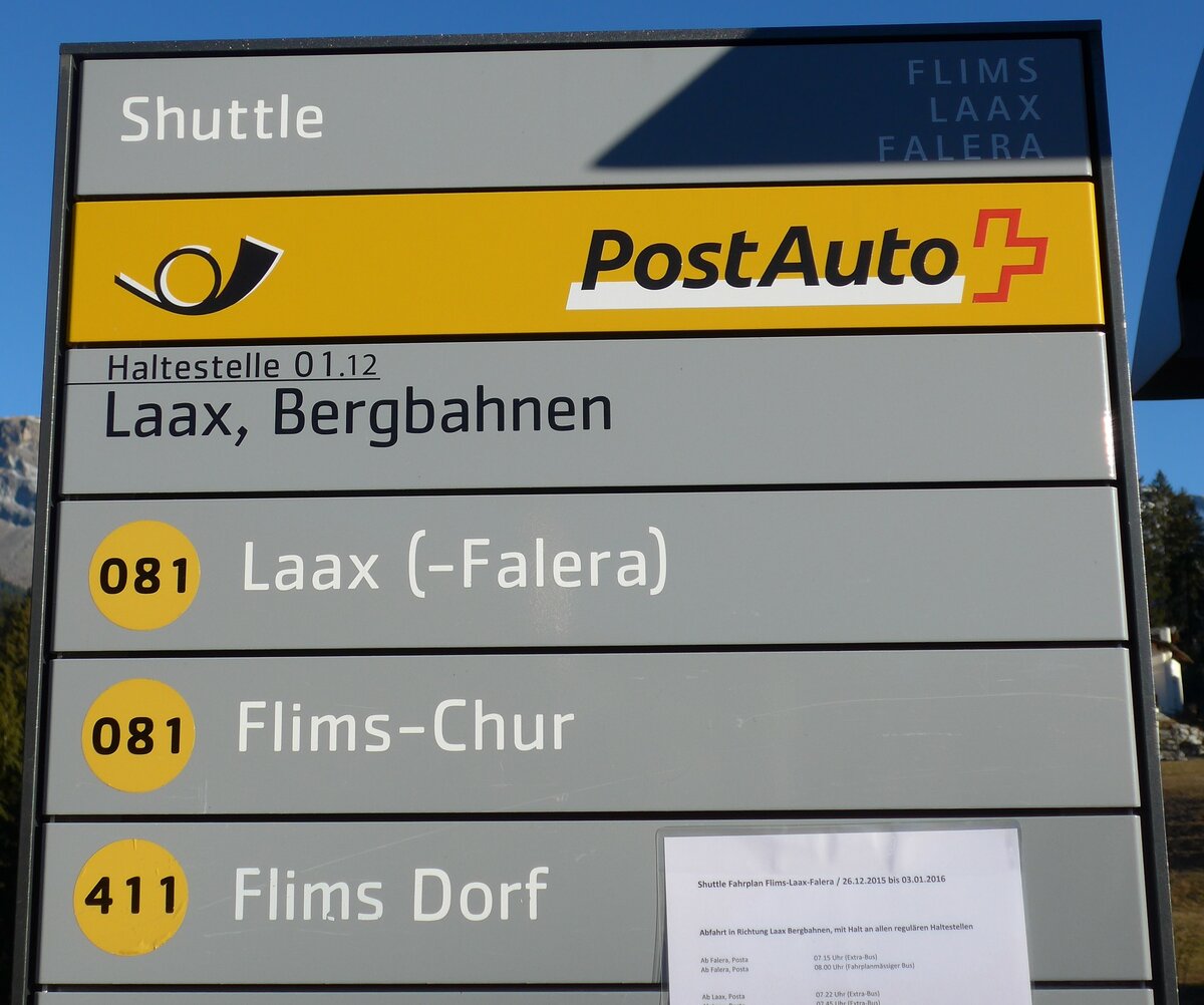 (167'963) - PostAuto-Haltestellenschild - Laax, Bergbahnen - am 26. Dezember 2015