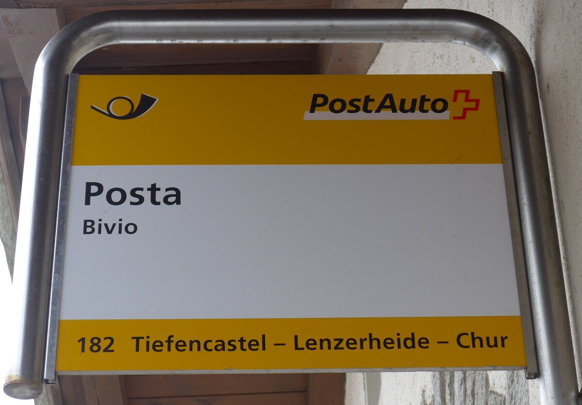 (168'499) - PostAuto-Haltestellenschild - Bivio, Posta - am 23. Januar 2016