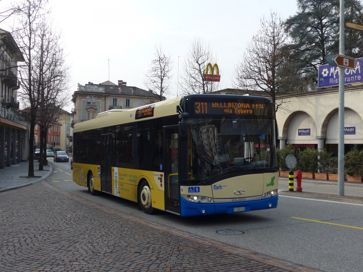 (168'606) - FART Locarno - Nr. 13/TI 256'113 - Solaris am 6. Februar 2016 beim Bahnhof Locarno