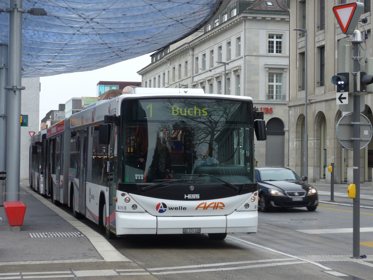(168'775) - AAR bus+bahn, Aarau - Nr. 168/AG 374'168 - Scania/Hess an 20. Februar 2016 beim Bahnhof Aarau