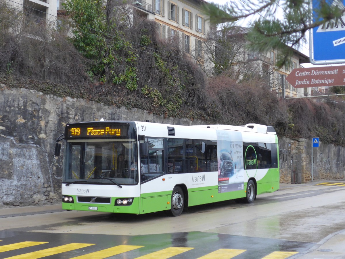 (168'790) - transN, La Chaux-de-Fonds - Nr. 211/NE 46'211 - Volvo (ex TN Neuchtel Nr. 211) am 20. Februar 2016 beim Bahnhof Neuchtel