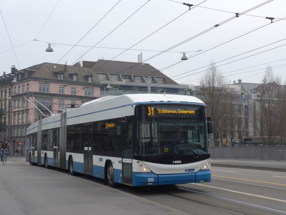 (168'943) - VBZ Zrich - Nr. 89 - Hess/Hess Doppelgelenktrolleybus am 27. Februar 2016 in Zrich, Gessnerbrcke