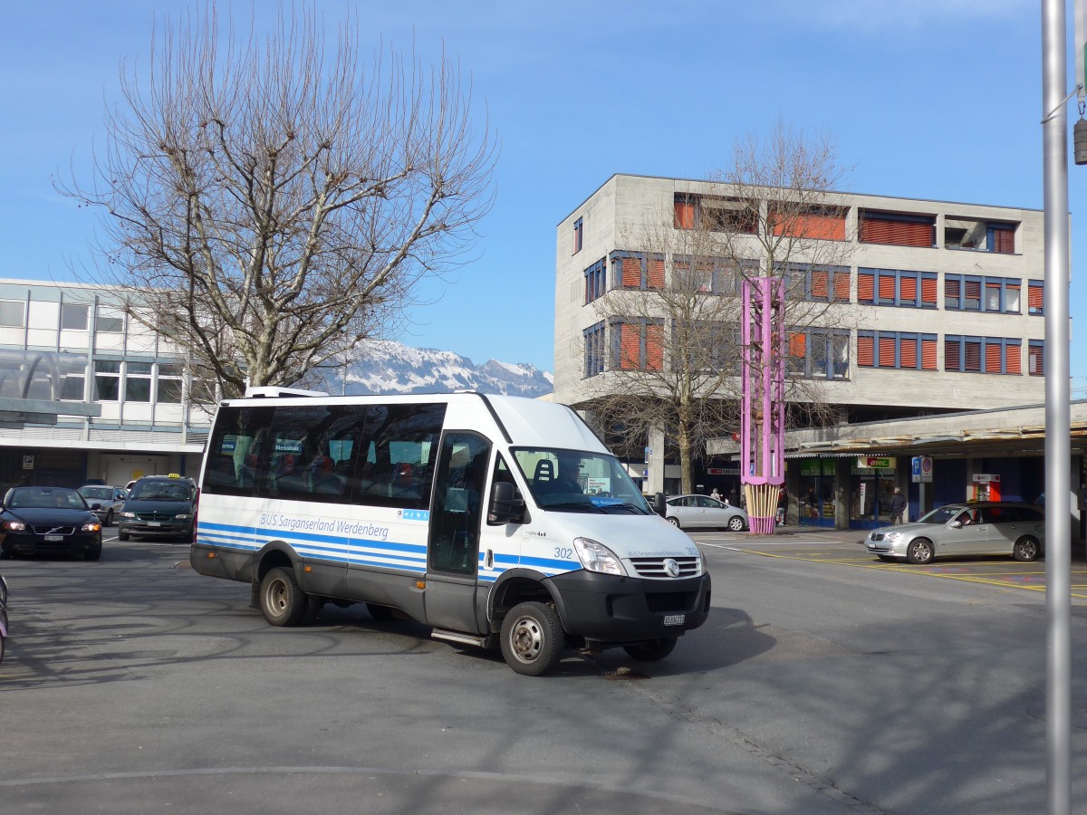 (168'987) - BSW Sargans - Nr. 302/SG 304'210 - Irisbus am 27. Februar 2016 beim Bahnhof Buchs