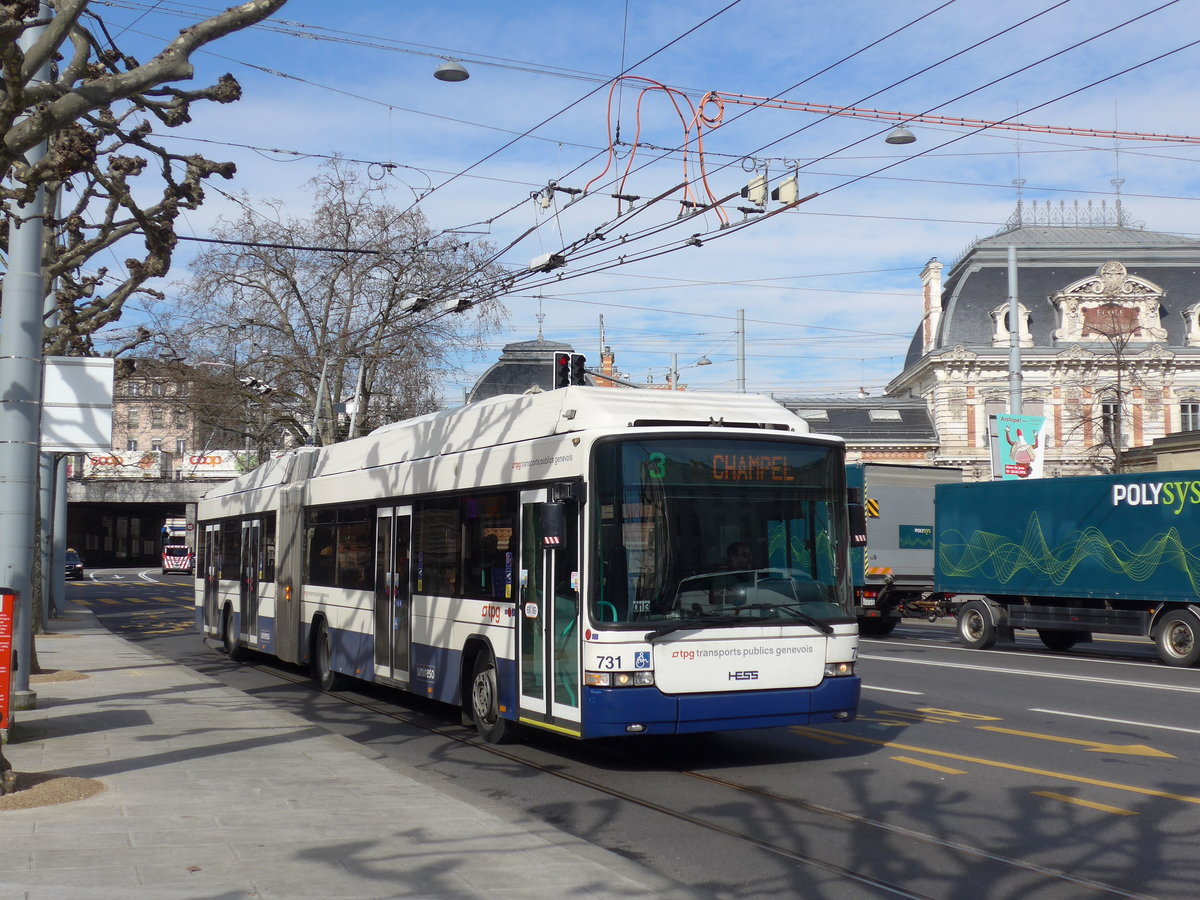 (169'133) - TPG Genve - Nr. 731 - Hess/Hess Gelenktrolleybus am 7. Mrz 2016 in Genve, Place des Vingt-Deux-Cantons