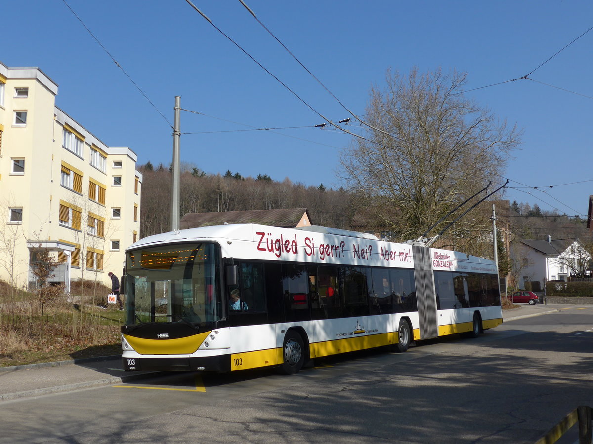 (169'261) - VBSH Schaffhausen - Nr. 103 - Hess/Hess Gelenktrolleybus am 19. Mrz 2016 in Neuhausen, Herbstcker
