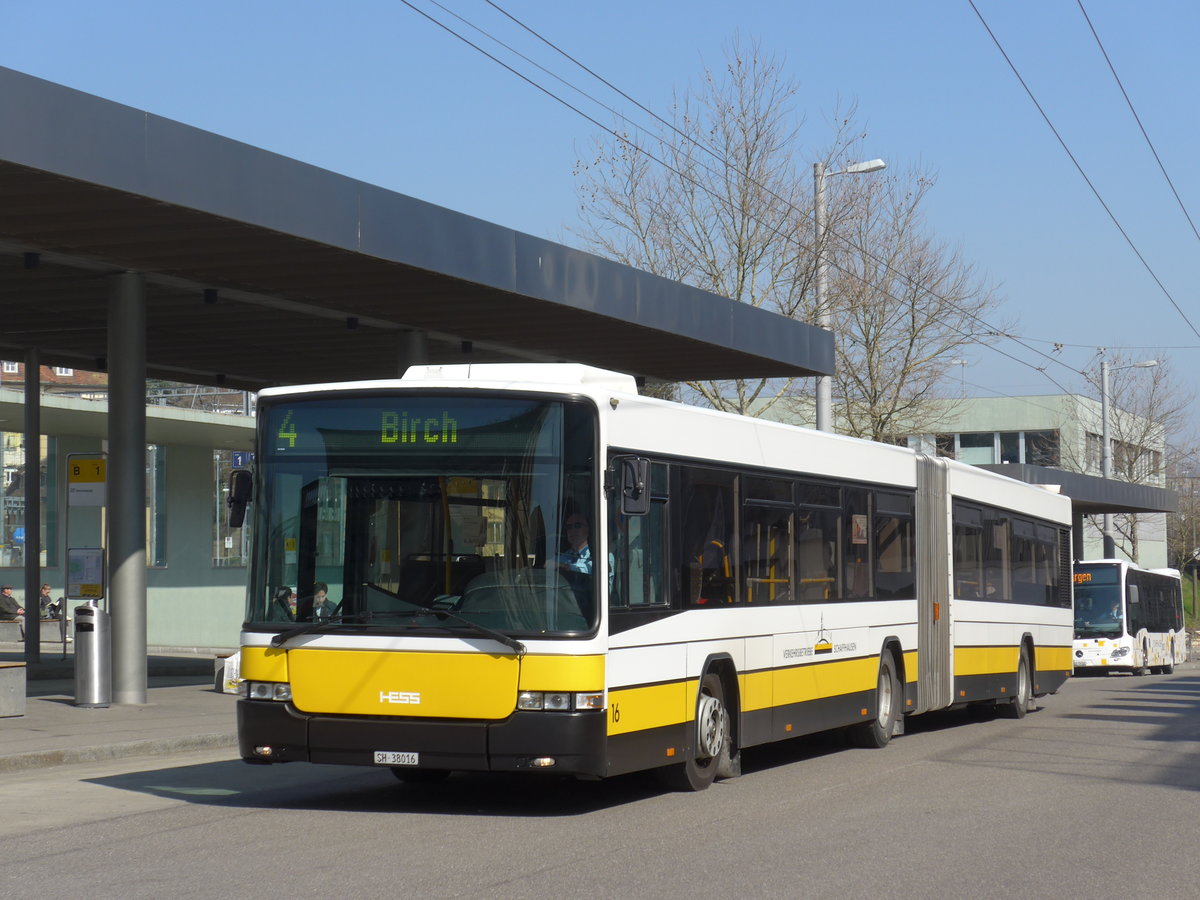 (169'278) - VBSH Schaffhausen - Nr. 16/SH 38'016 - Volvo/Hess am 19. Mrz 2016 beim Bahnhof Schaffhausen