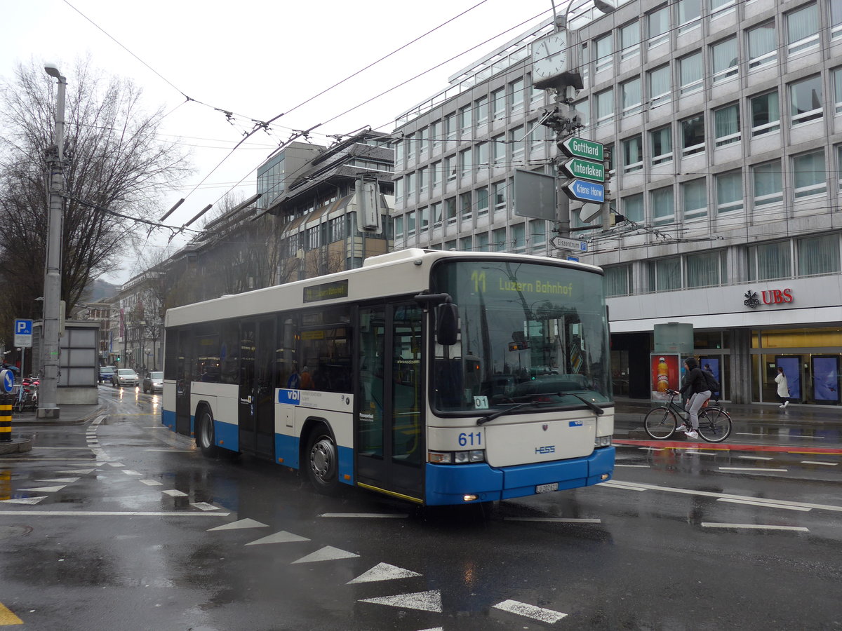 (169'473) - VBL Luzern - Nr. 611/LU 202'611 - Scania/Hess am 25. Mrz 2016 beim Bahnhof Luzern