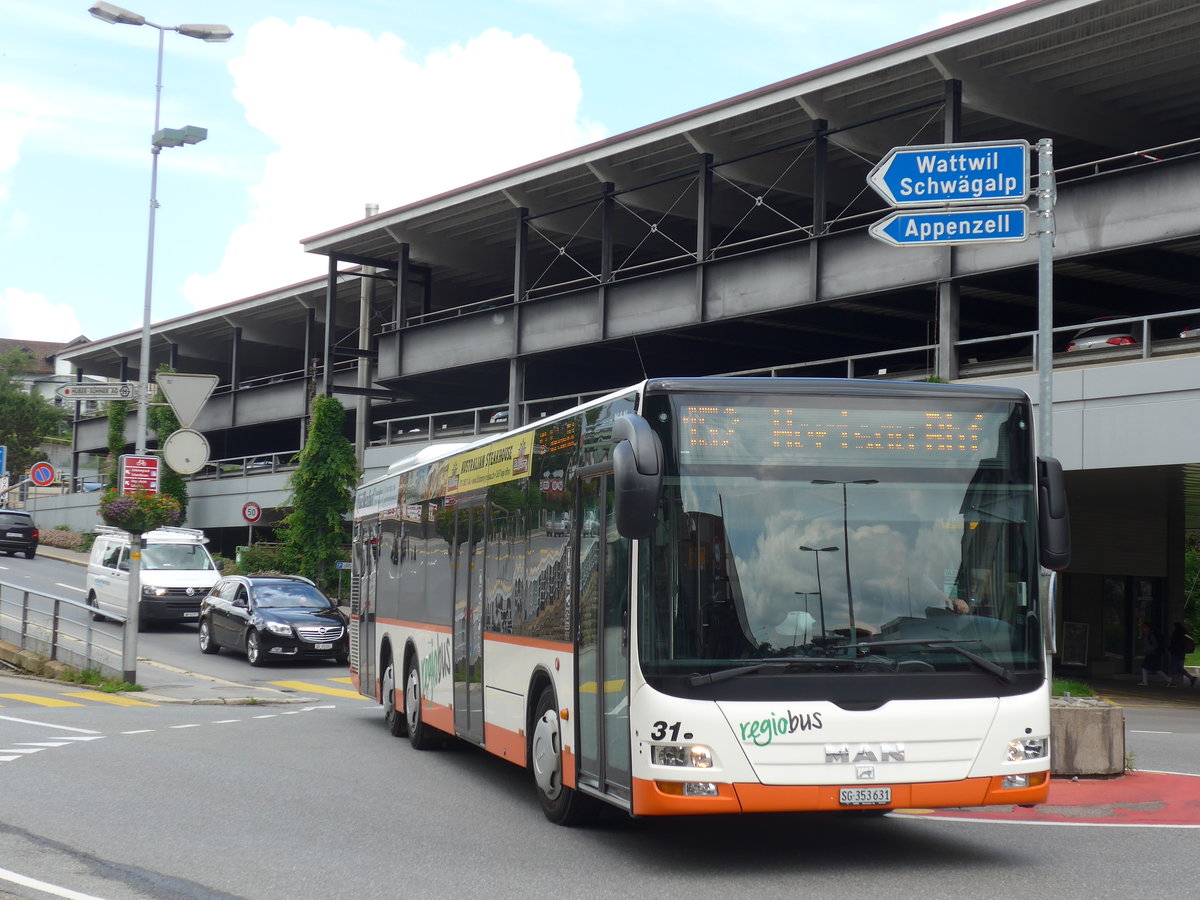 (172'595) - Regiobus, Gossau - Nr. 31/SG 353'631 - MAN am 27. Juni 2016 beim Bahnhof Herisau