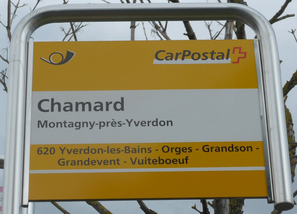 (173'029) - PostAuto-Haltestellenschild - Montagny-prs-Yverdon, Chamard - am 15. Juli 2016