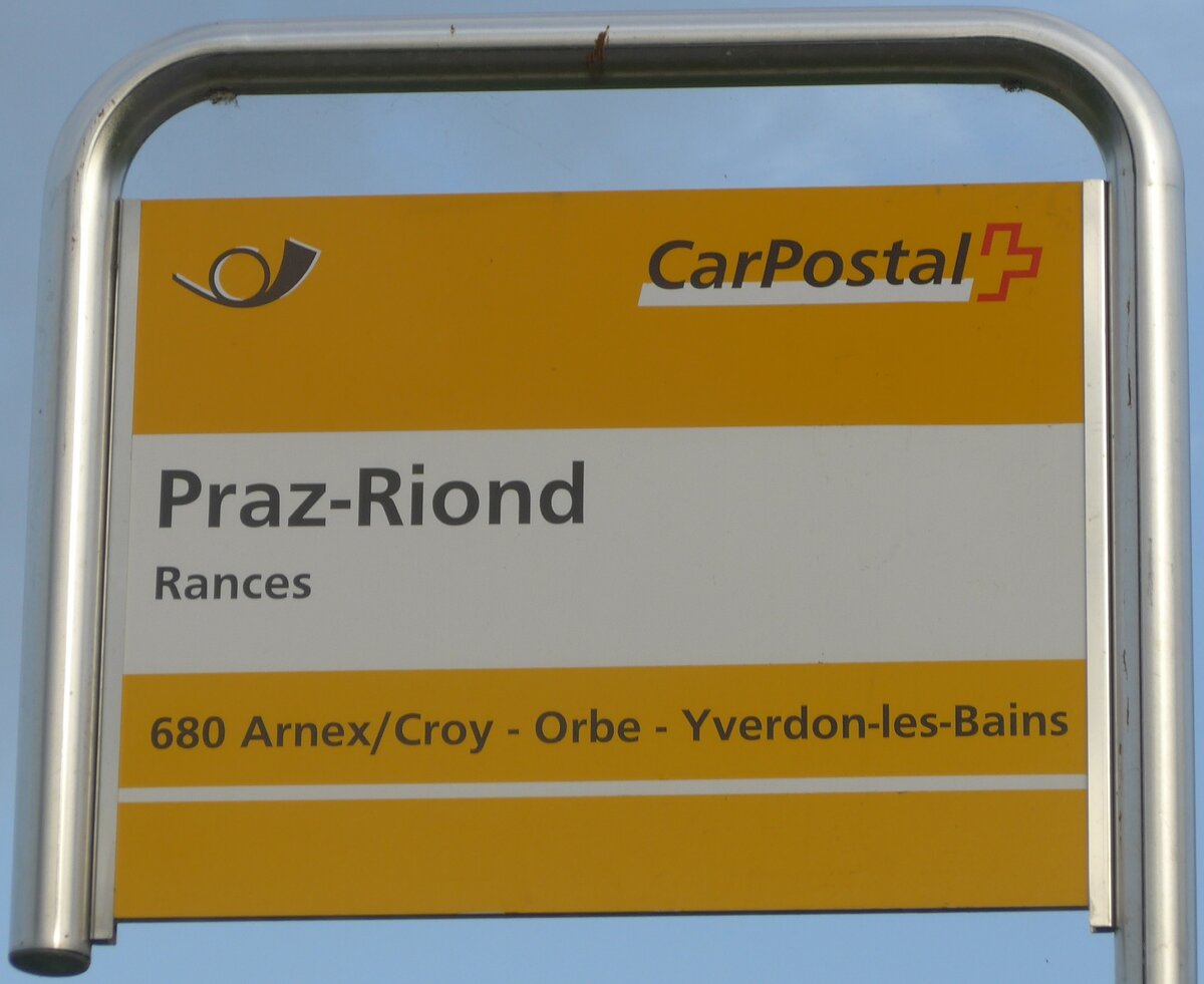 (173'244) - PostAuto-Haltestellenschild - Rances, Praz-Riond - am 21. Juli 2016