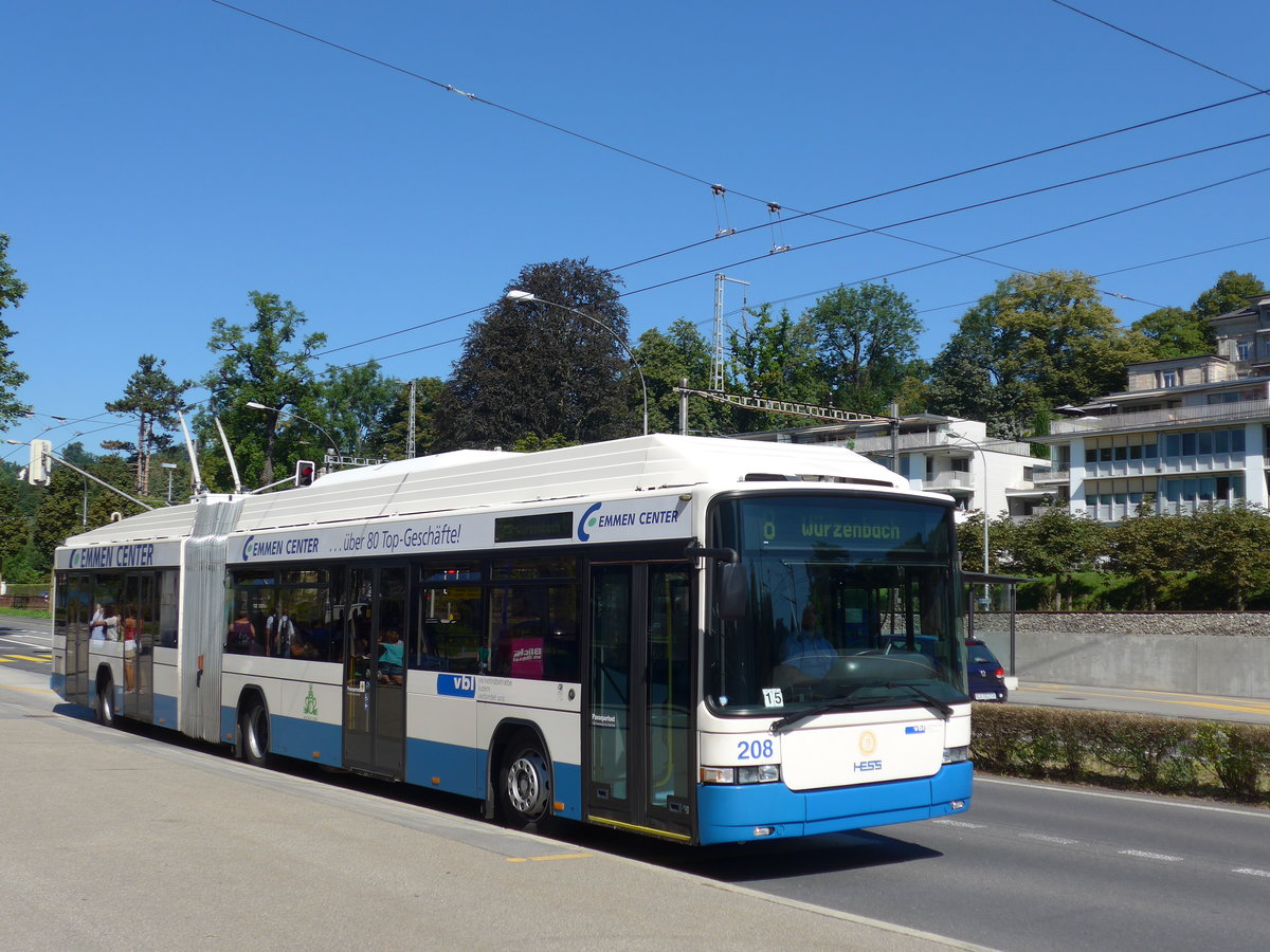 (173'718) - VBL Luzern - Nr. 208 - Hess/Hess Gelenktrolleybus am 8. August 2016 in Luzern, Verkehrshaus