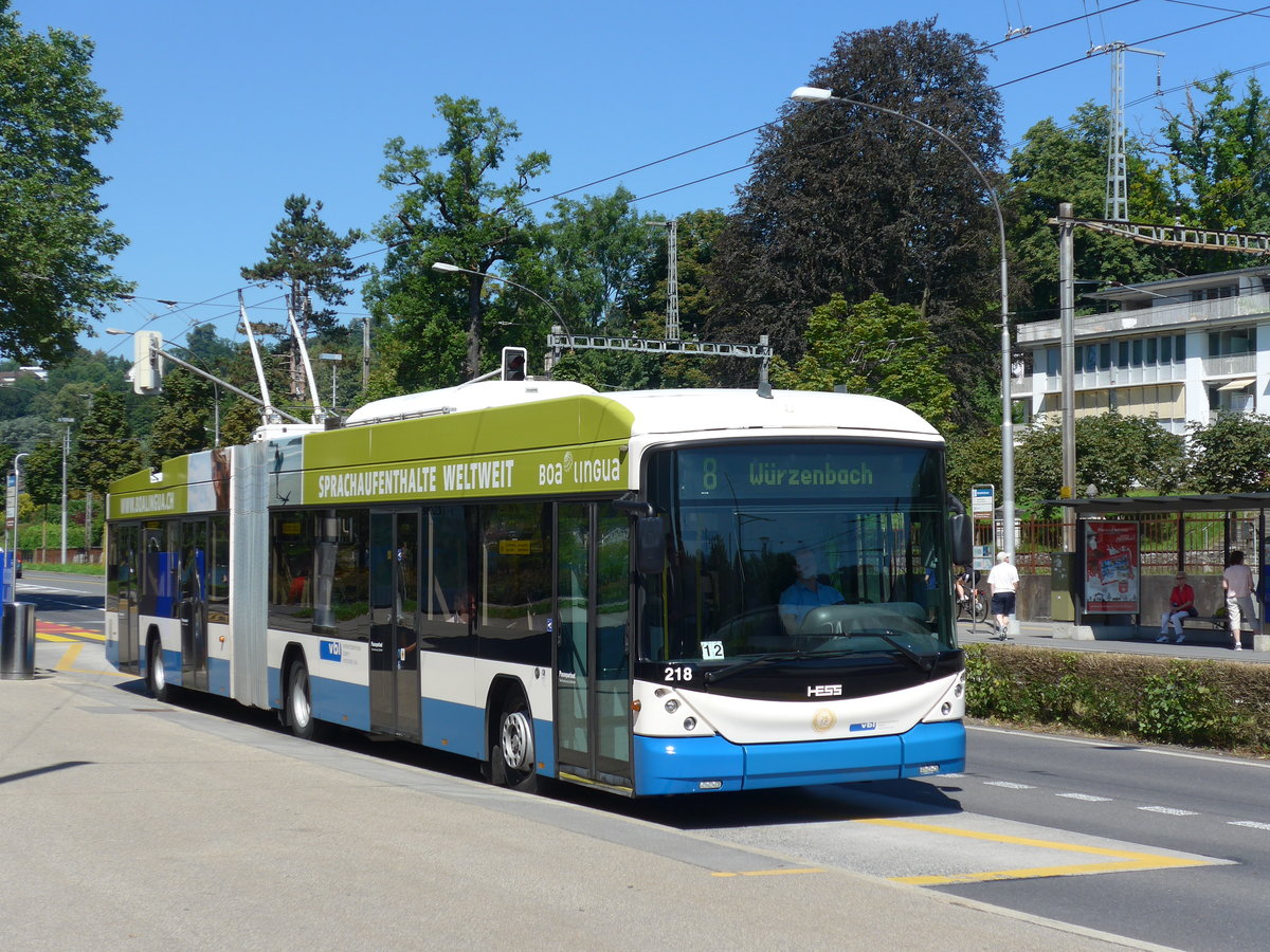 (173'740) - VBL Luzern - Nr. 218 - Hess/Hess Gelenktrolleybus am 8. August 2016 in Luzern, Verkehrshaus