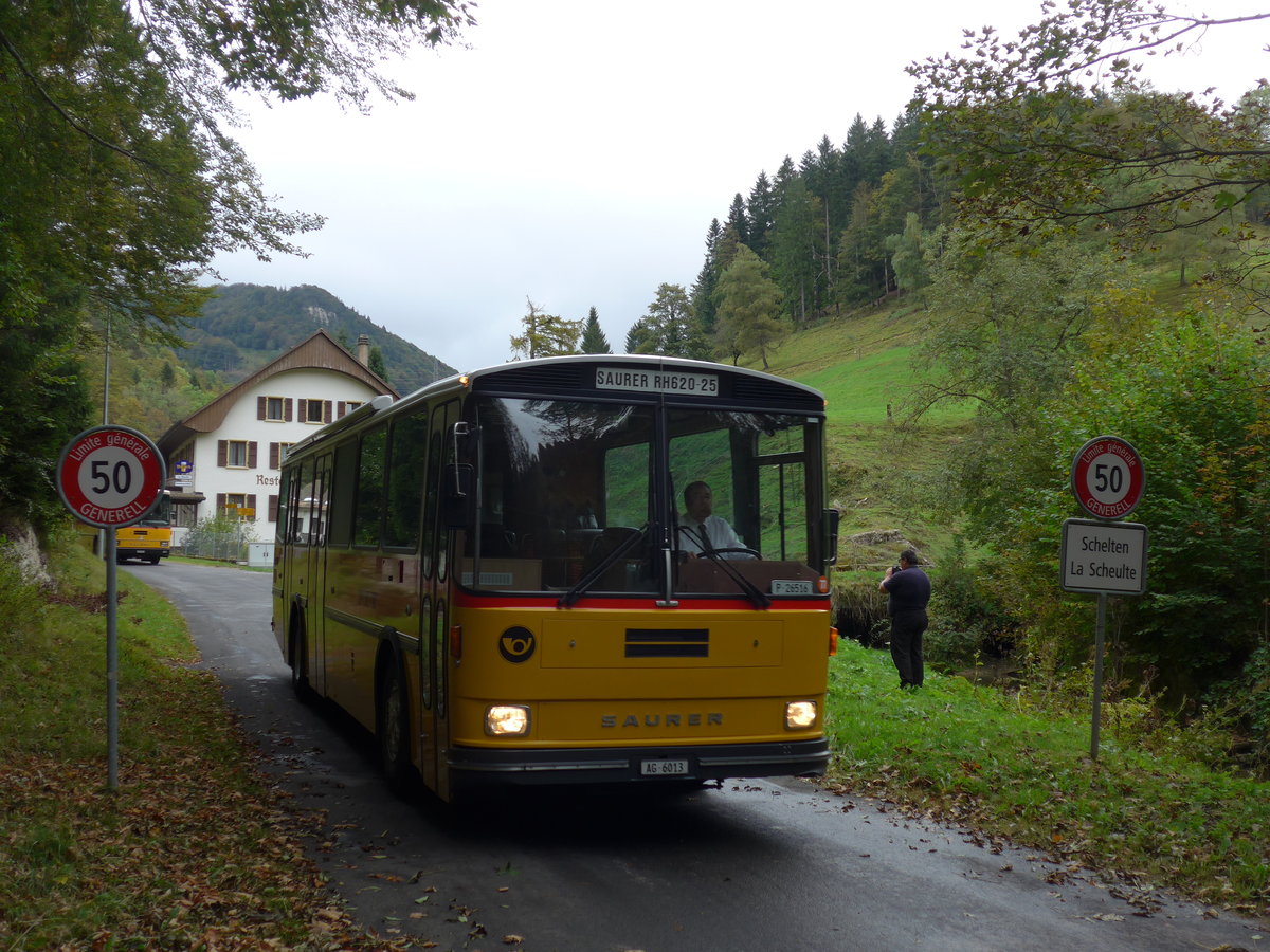 (175'372) - Gloor, Staufen - AG 6013 - Saurer/Hess (ex ALMAT, Tagelswangen; ex P 26'516) am 2. Oktober 2016 in Schelten, Restaurant Scheltenmhle