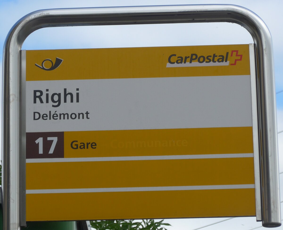 (175'507) - PostAuto-Haltestellenschild - Delmont, Righi - am 7. Oktober 2016