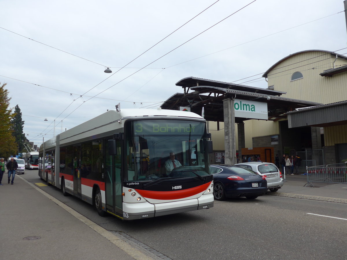 (175'618) - St. Gallerbus, St. Gallen - Nr. 193 - Hess/Hess Doppelgelenktrolleybus am 15. Oktober 2016 in St. Gallen, OLMA