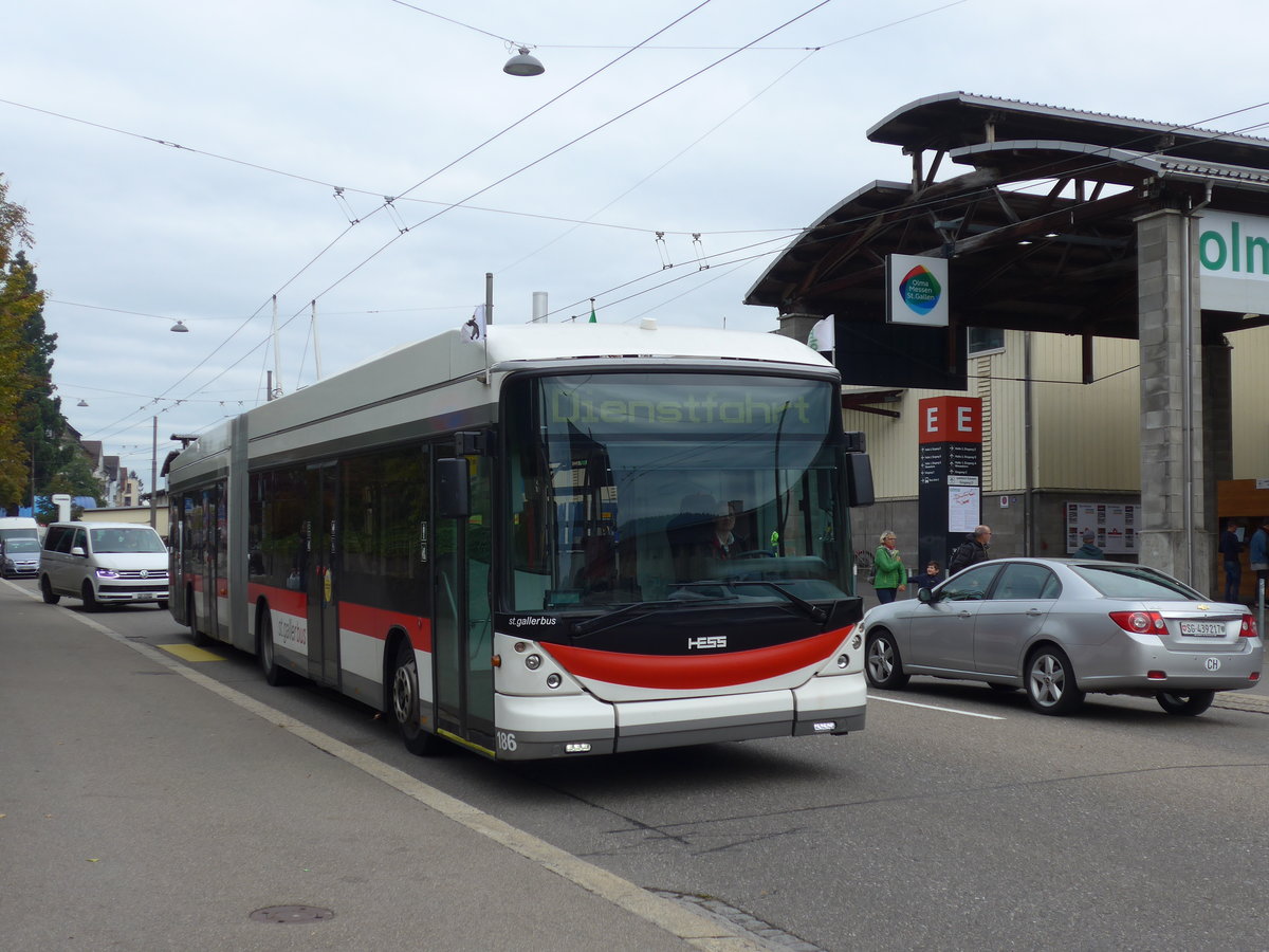 (175'619) - St. Gallerbus, St. Gallen - Nr. 186 - Hess/Hess Gelenktrolleybus am 15. Oktober 2016 in St. Gallen, OLMA