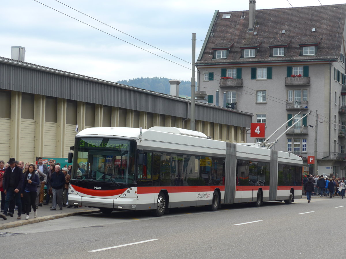 (175'620) - St. Gallerbus, St. Gallen - Nr. 189 - Hess/Hess Doppelgelenktrolleybus am 15. Oktober 2016 in St. Gallen, OLMA
